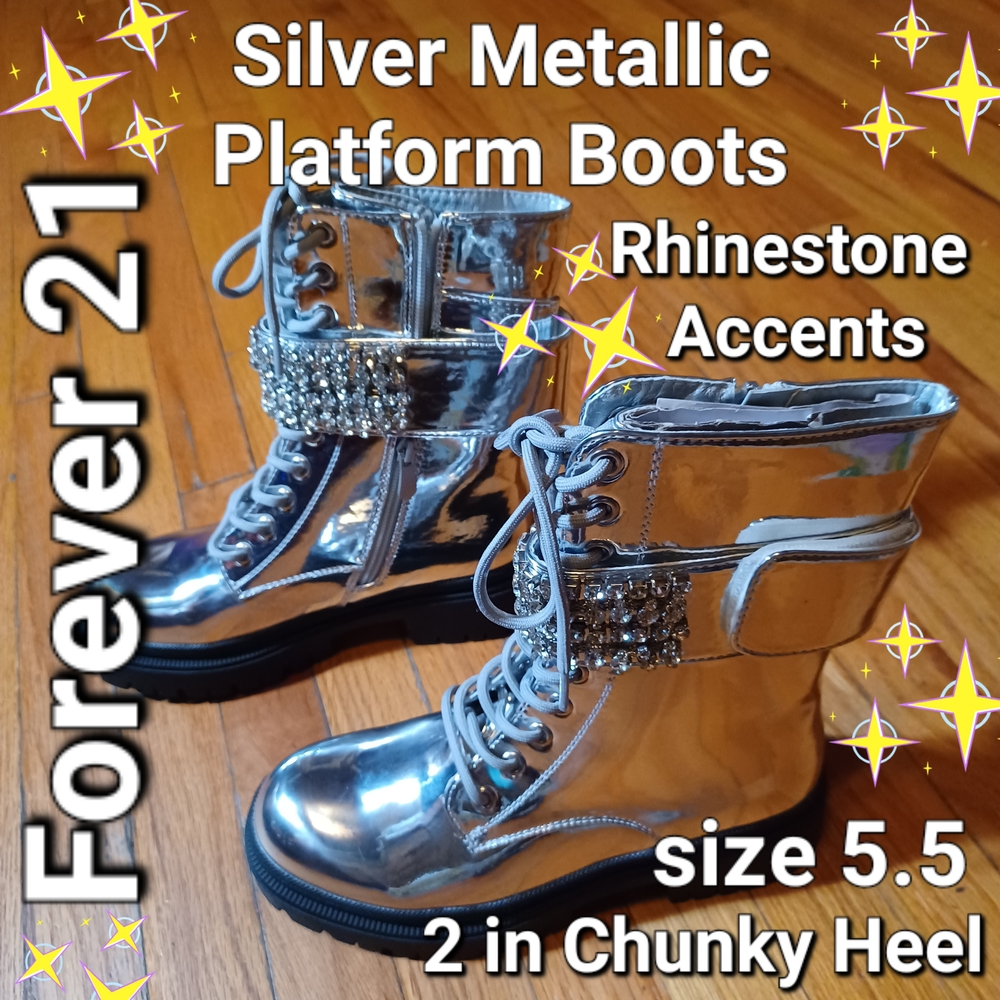 Forever 21 Shiny Silver Rhinestone Comvat Boots